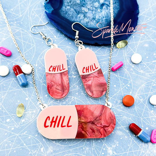 Take a Chill Pill! laser cut acrylic, necklace, earrings, pastel pink and pearl red, jewelry set