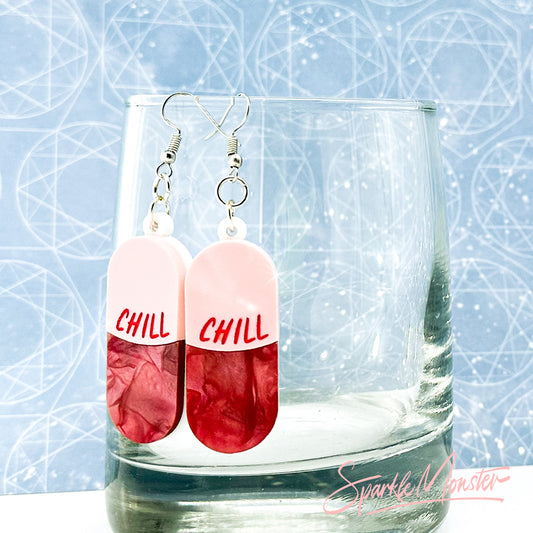 Take a Chill Pill! laser cut acrylic, necklace, earrings, pastel pink and pearl red, jewelry set