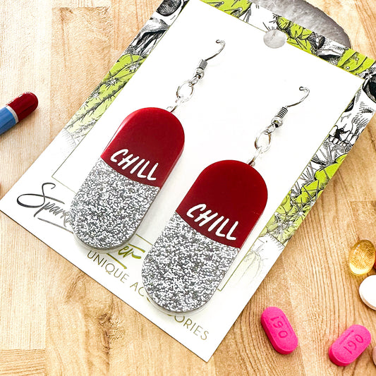 Take a Chill Pill! laser cut acrylic, gloss red and silver glitter, jewelry set, earrings, necklace
