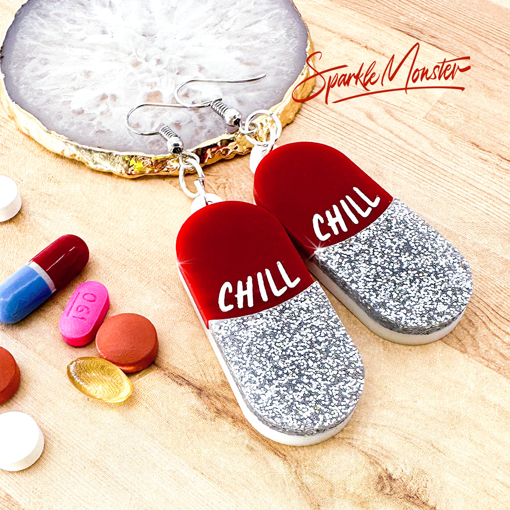 Take a Chill Pill! laser cut acrylic, gloss red and silver glitter, je –  Sparkle Monster