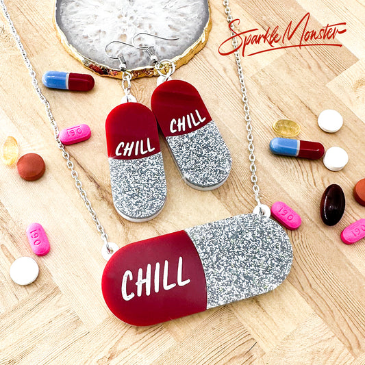 Take a Chill Pill! laser cut acrylic, gloss red and silver glitter, jewelry set, earrings, necklace