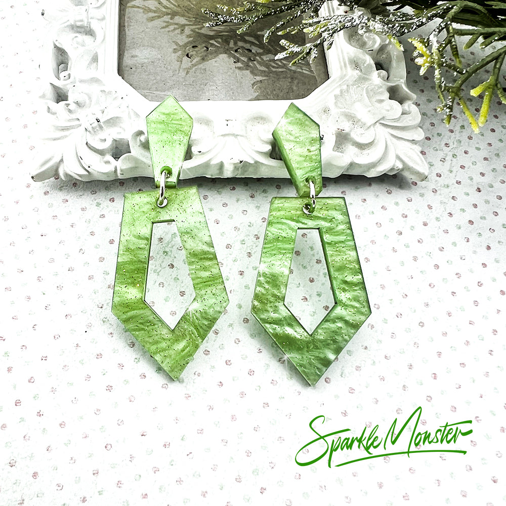 SALE Everyday Art Deco, dangle earrings, light green galaxy glitter, laser cut acrylic