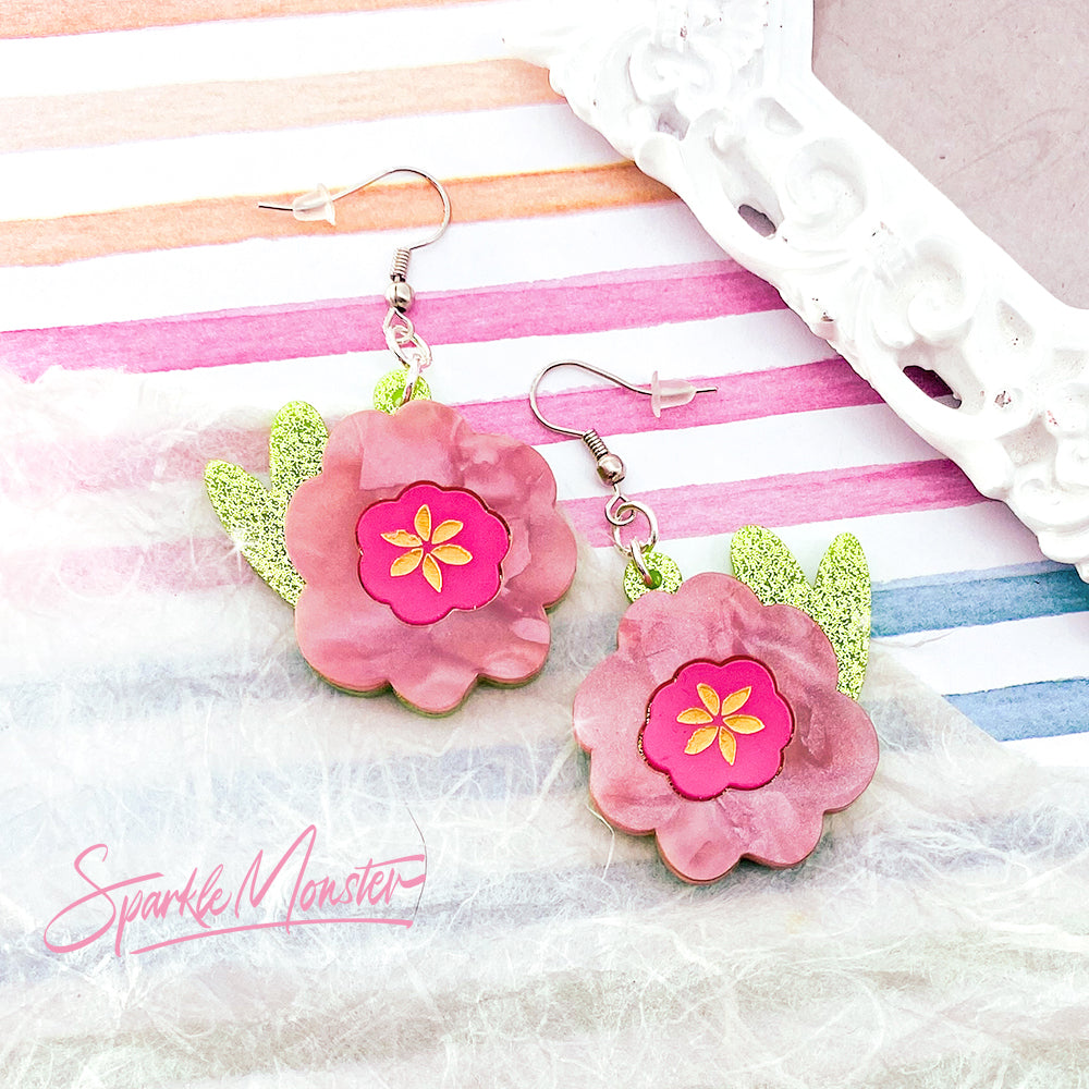 SALE Spring Flowers - dangle earrings, laser cut acrylic, pink, pearl, floral