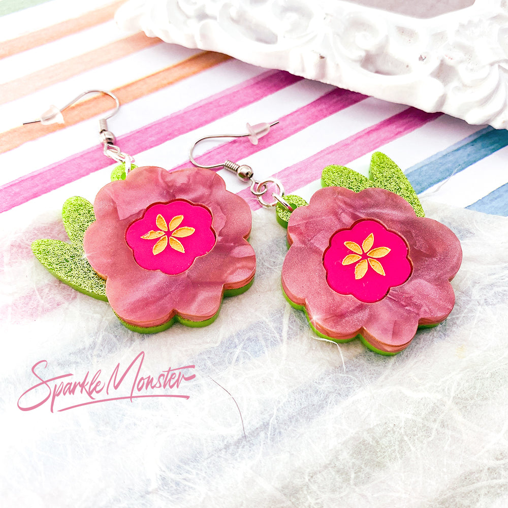 SALE Spring Flowers - dangle earrings, laser cut acrylic, pink, pearl, floral