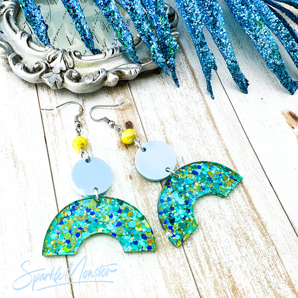 Aqua Arches, glitter dangle earrings, laser cut acrylic, turquoise and yellow