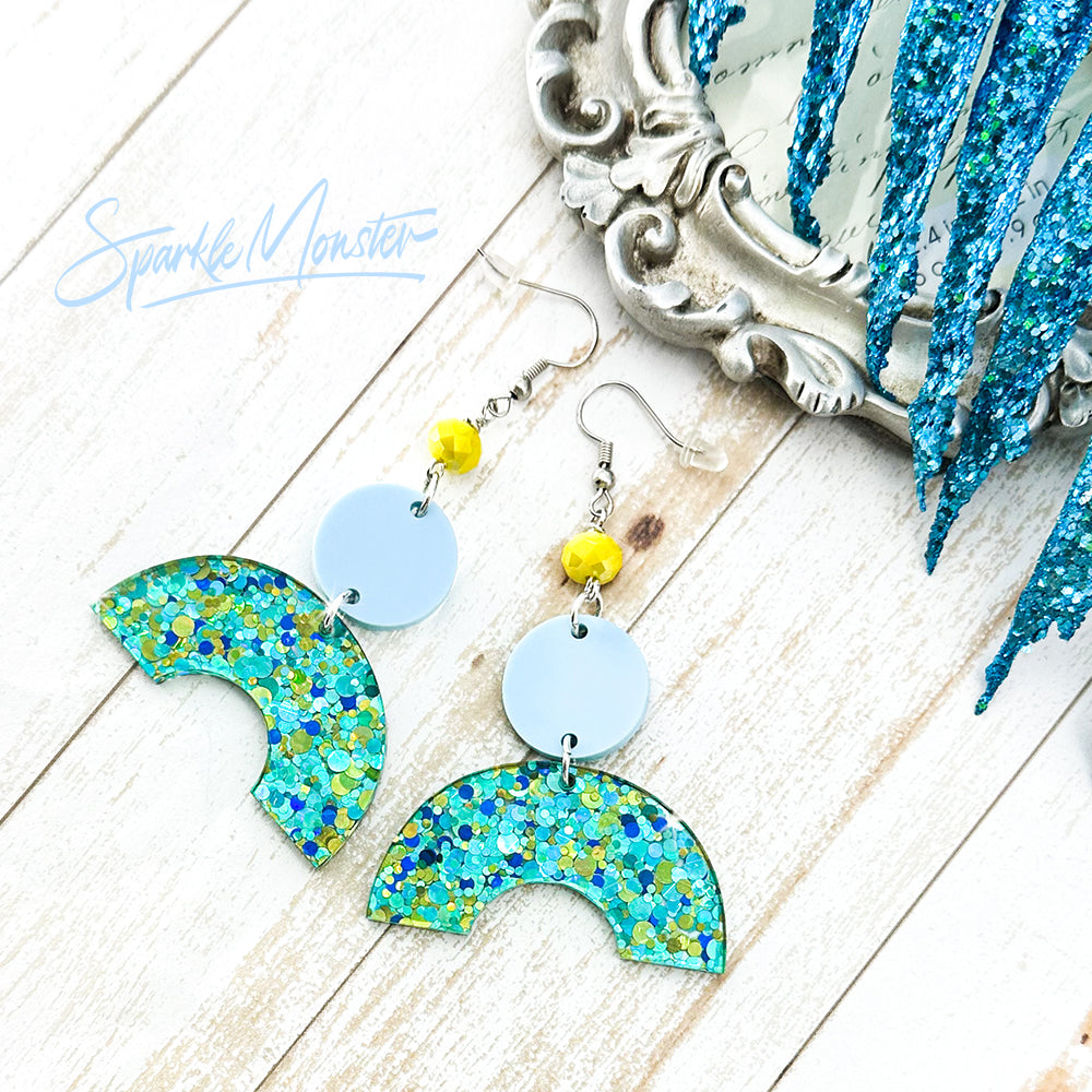 Aqua Arches, glitter dangle earrings, laser cut acrylic, turquoise and yellow
