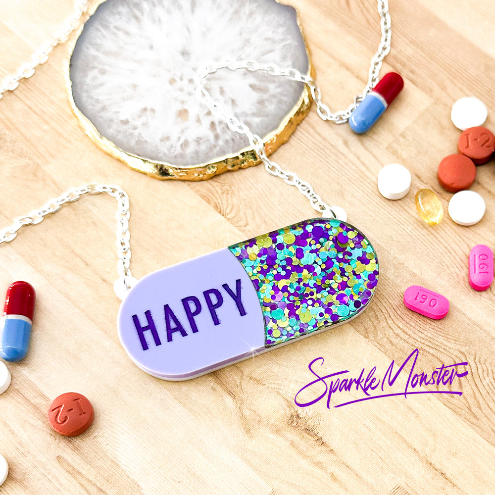 Happy Pills necklace laser cut acrylic