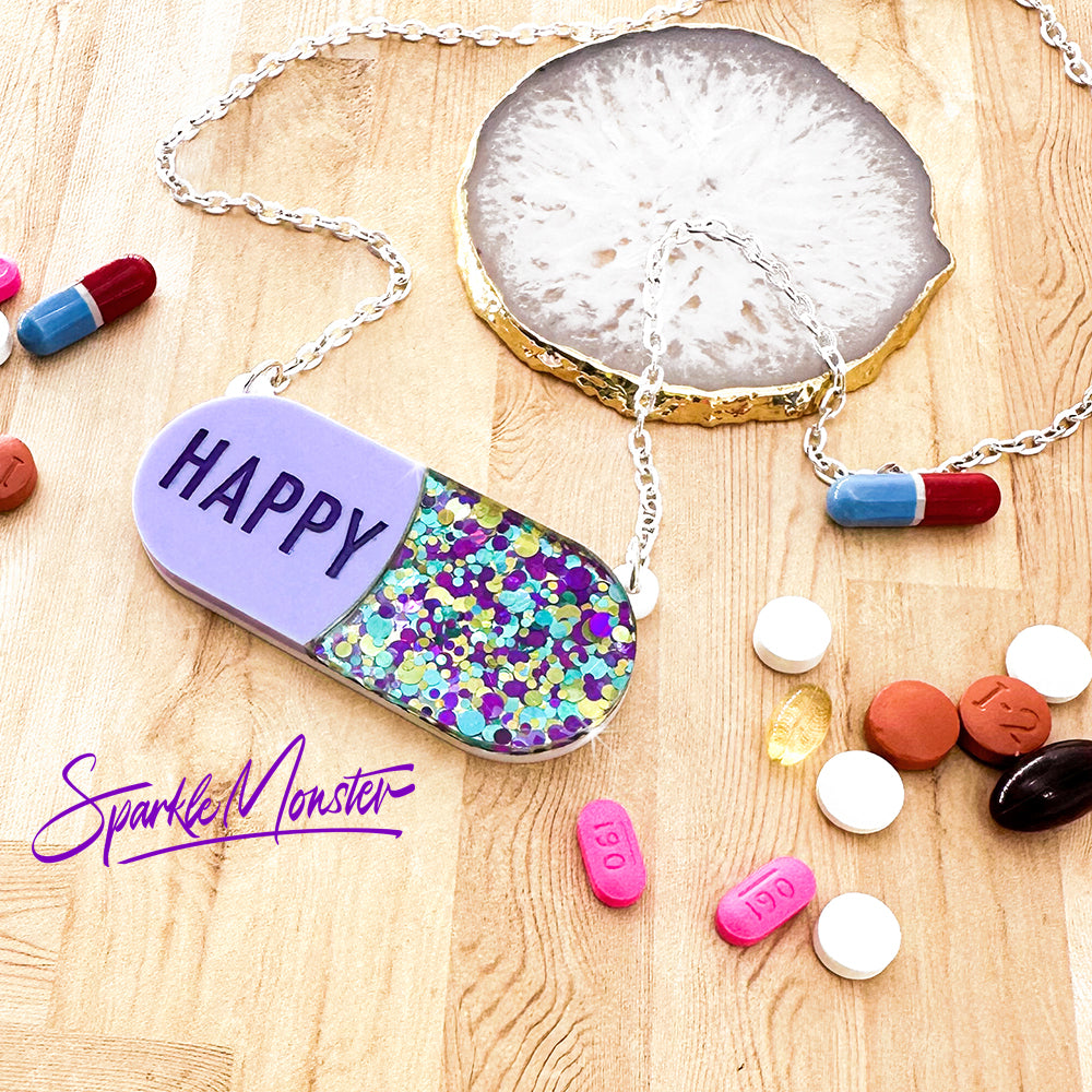 Happy Pills necklace laser cut acrylic