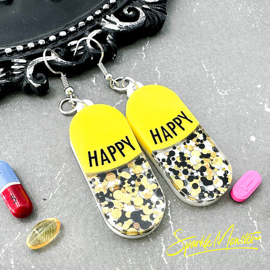 Happy Pills jewelry set, necklace, earrings, bright yellow, confetti glitter