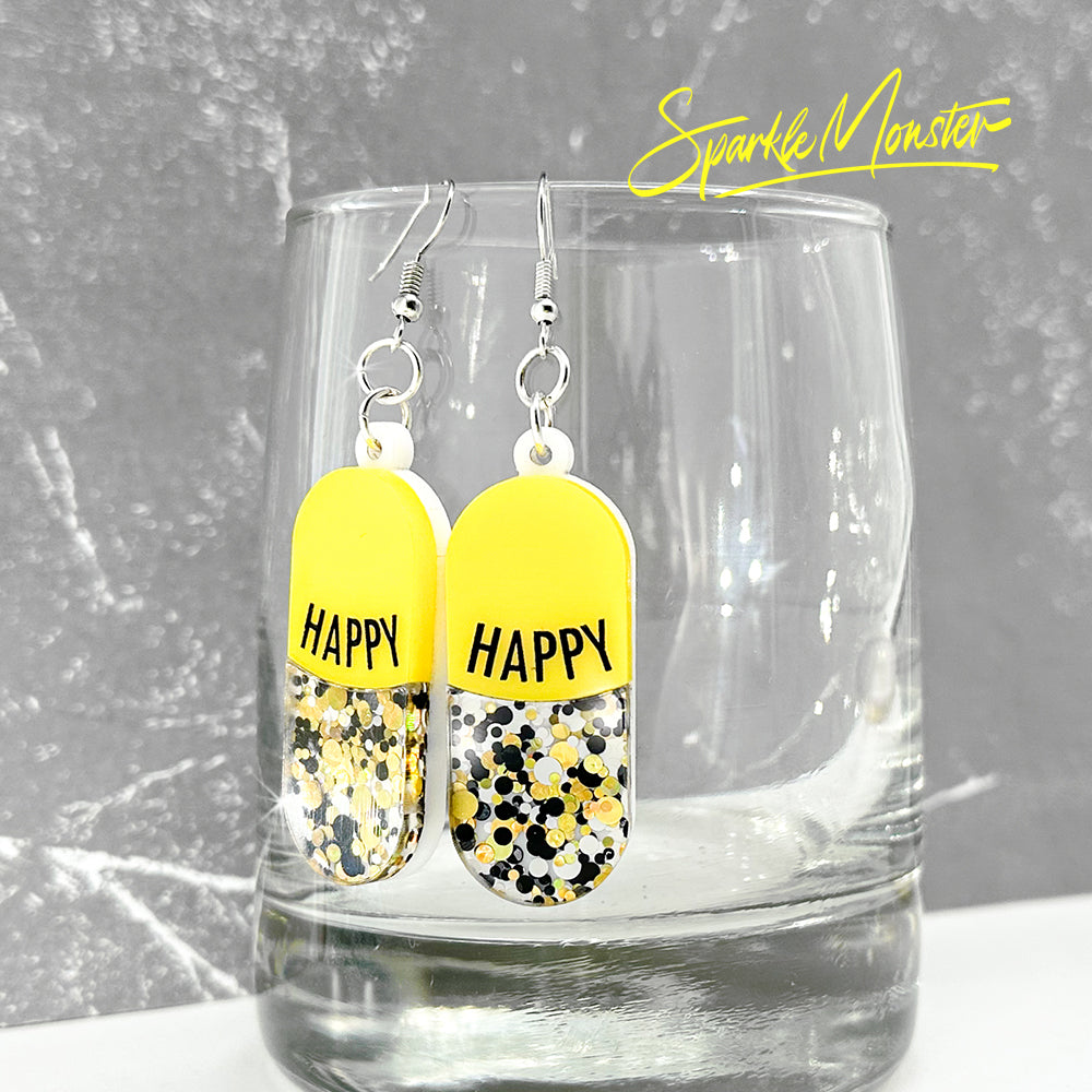 Happy Pills jewelry set, necklace, earrings, bright yellow, confetti glitter