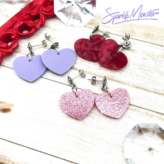 Heart and Roses acrylic earrings, post tops, 3 colors