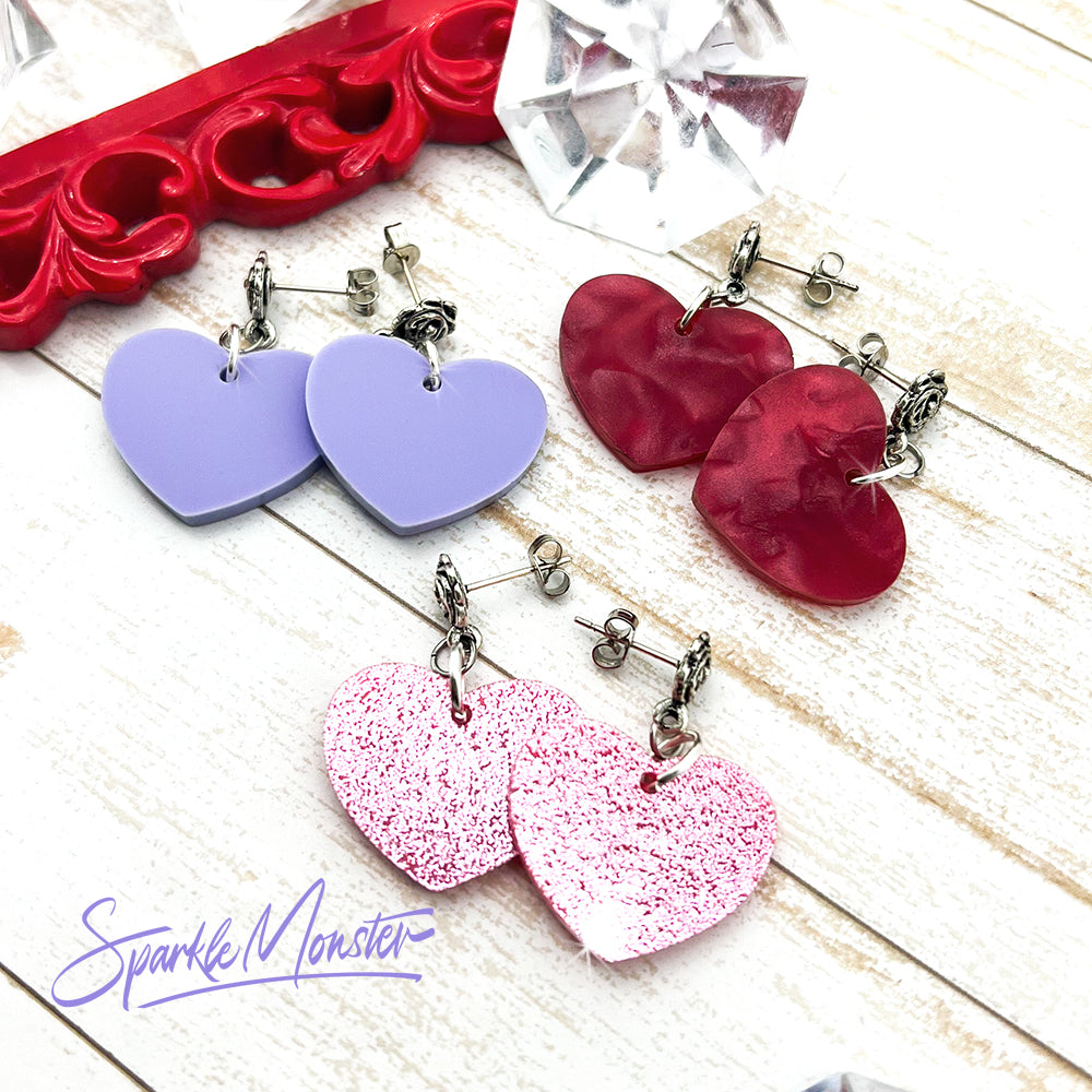 Heart and Roses acrylic earrings, post tops, 3 colors