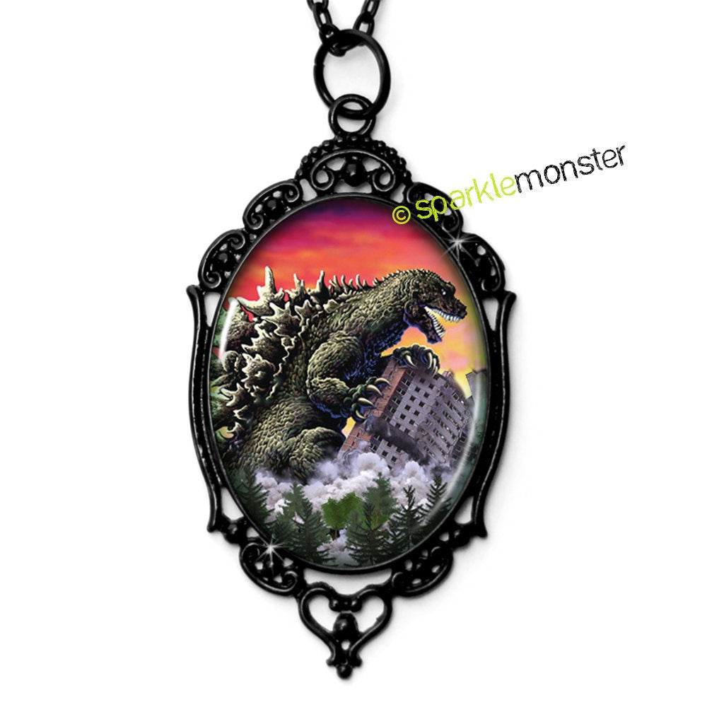 Godzilla - glass oval necklace, 30x40 mm black cameo, movie
