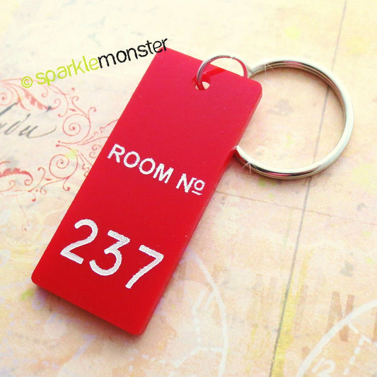 Room No. 237 laser cut acrylic keychain, red, hand painted white, horror fan, Shining movie inspired