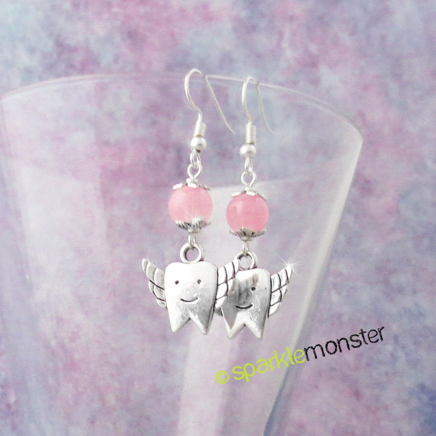Tooth Fairies - dangle earrings, silver alloy charms, light pink stone beads, dentist, dental tech