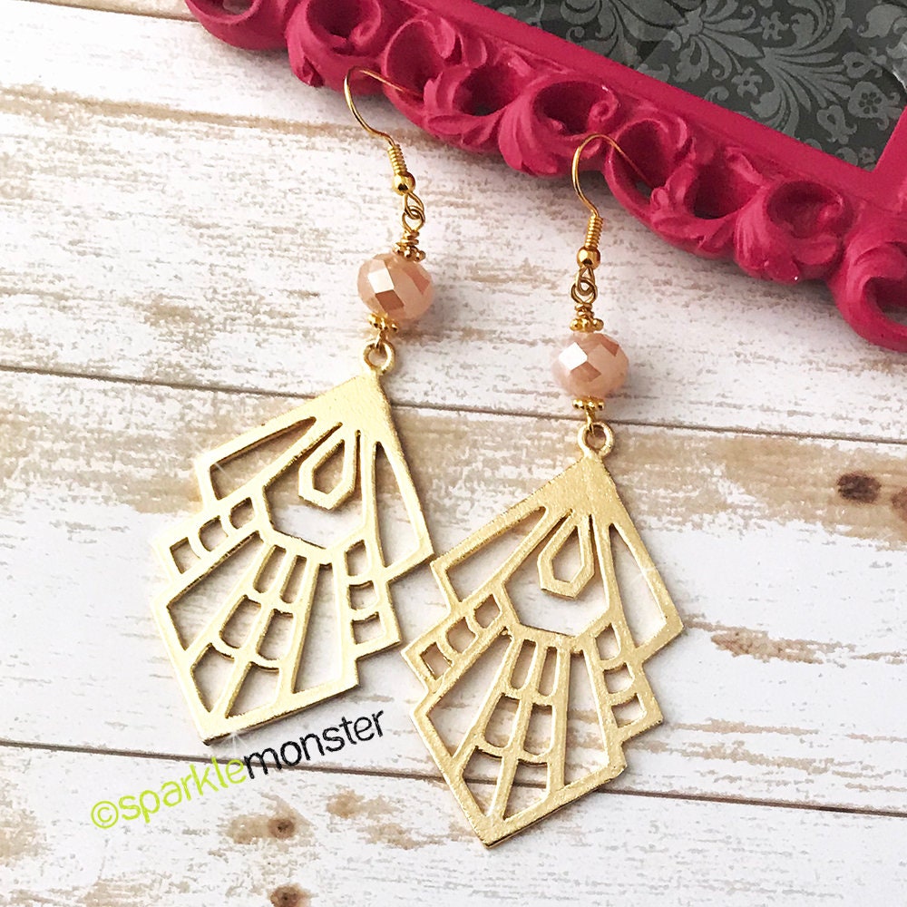 SALE Art Deco Glamour earrings - pink and gold dangle earrings