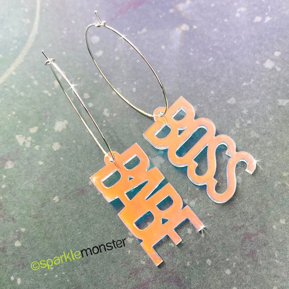 SALE Boss Babe Hoops - iridescent laser cut acrylic earrings, medium hoops, silver or gold, goal digger, women in business