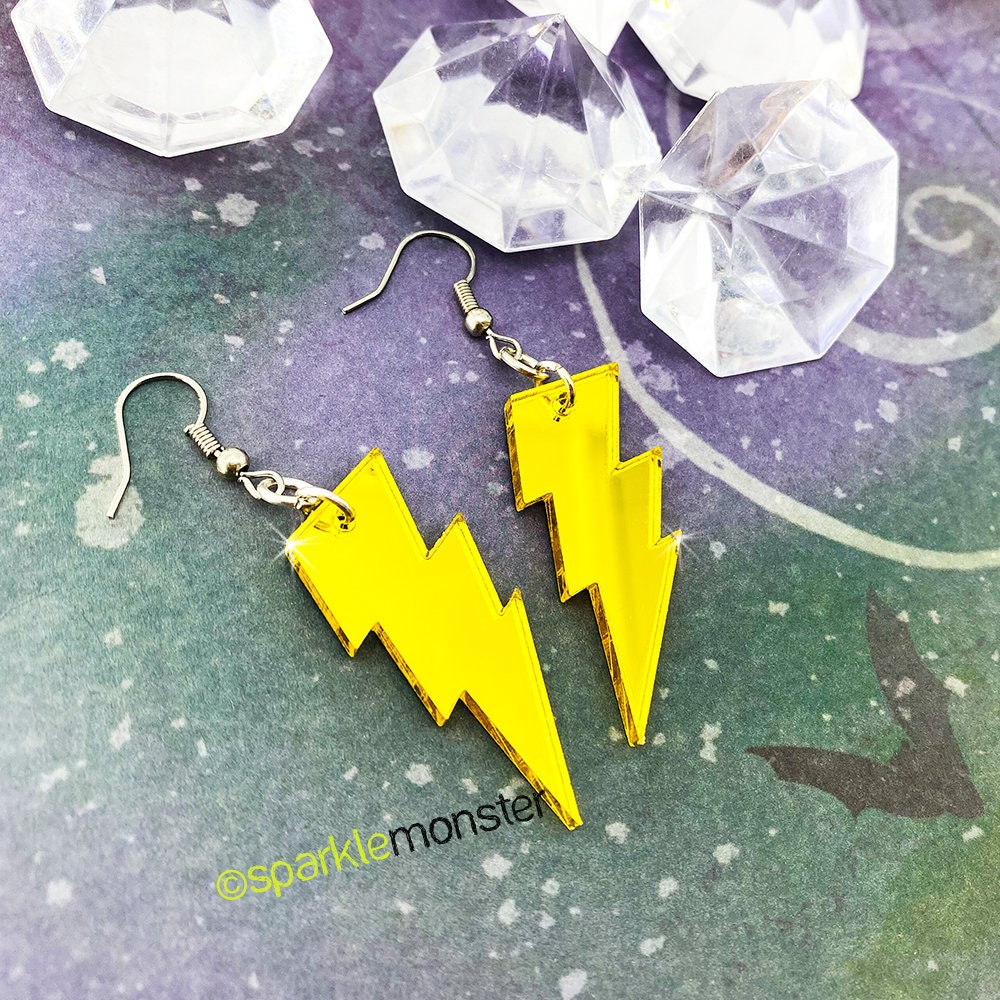 Thunder Bolt of Lightning - laser cut acrylic earrings, yellow mirror, charms, dangle, punk rocker