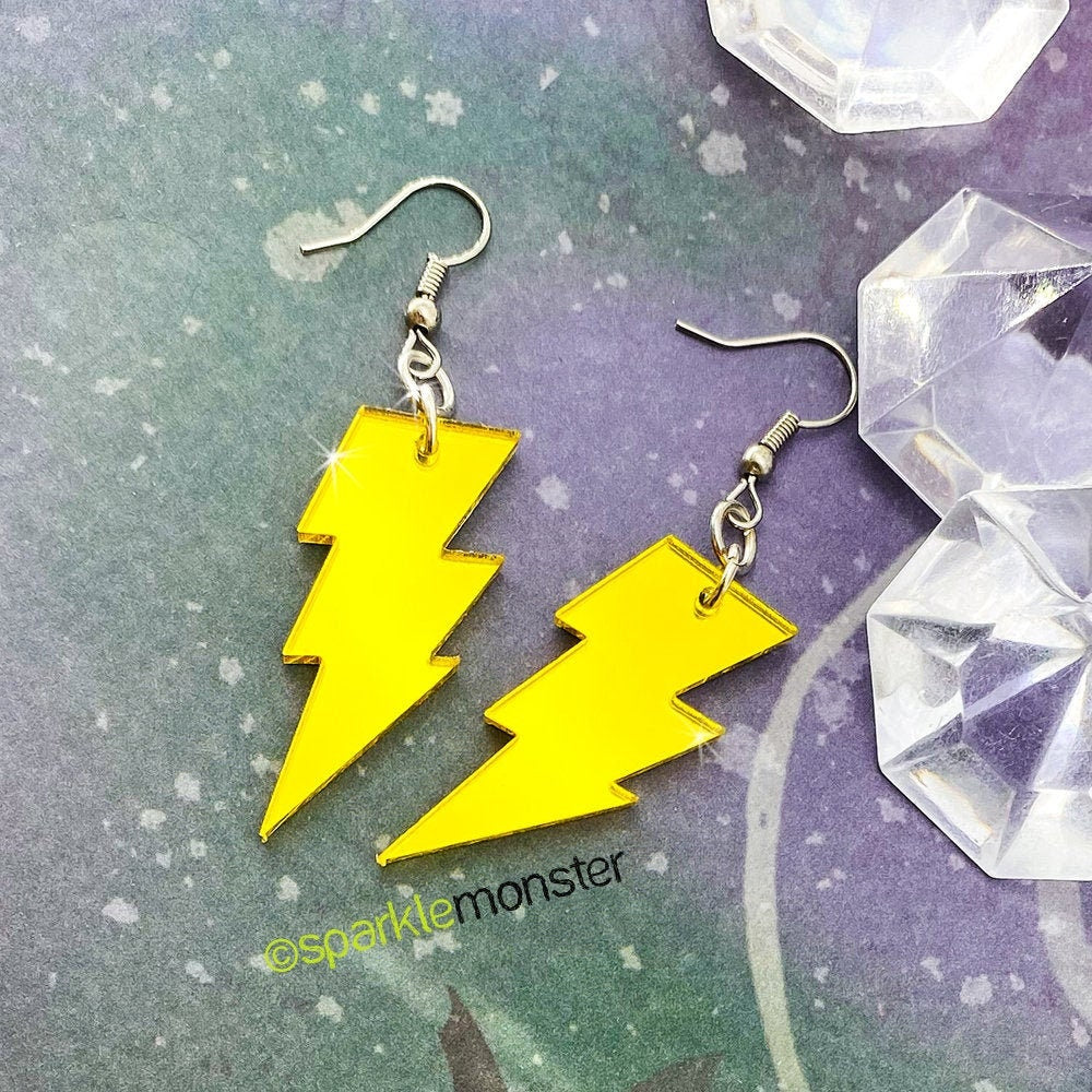 Thunder Bolt of Lightning - laser cut acrylic earrings, yellow mirror, charms, dangle, punk rocker