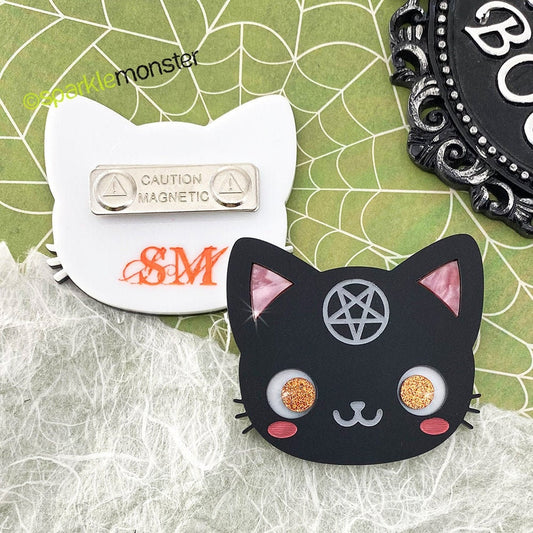 Black Cat Magic - laser cut acrylic brooch, magnetic back, matte black, pentagram, horror, kitsch, witchy, wiccan, kitty