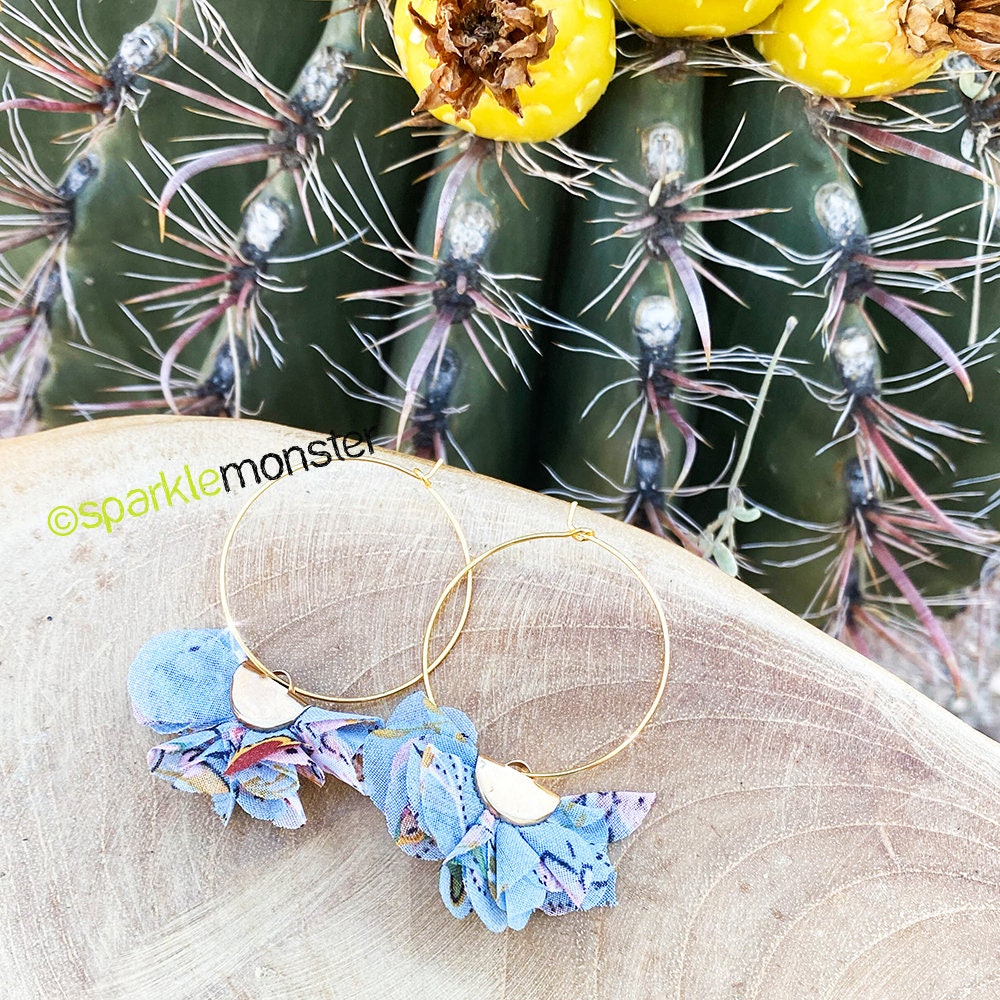 SALE Floral Puff Hoop Earrings, light blue, medium golden hoops, fabric, boho, chic, bohemian, feminine