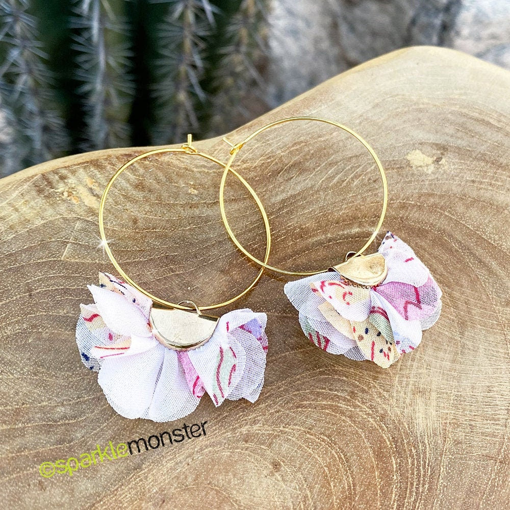 SALE Floral Puff Hoop Earrings - light pink and white, medium golden hoops, fabric, boho, chic, bohemian, feminine