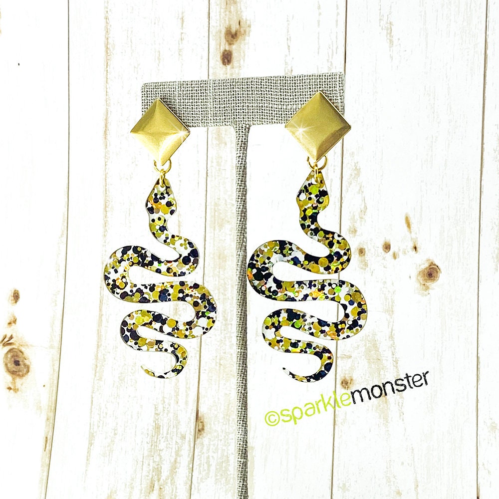 Medusa Earrings - gold posts with snake dangle earrings, gold and black, laser cut acrylic, confetti glitter, goth, witchy