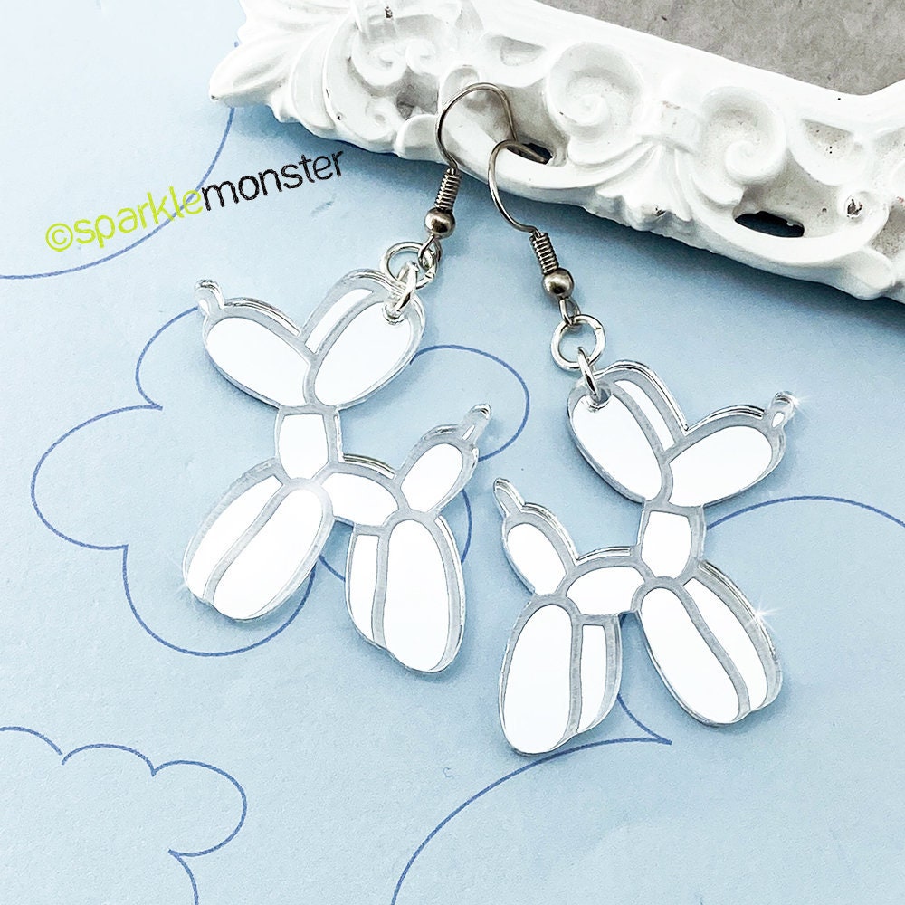 Balloon Dog Earrings, silver mirror laser cut acrylic, charms, funny, unique, iconic