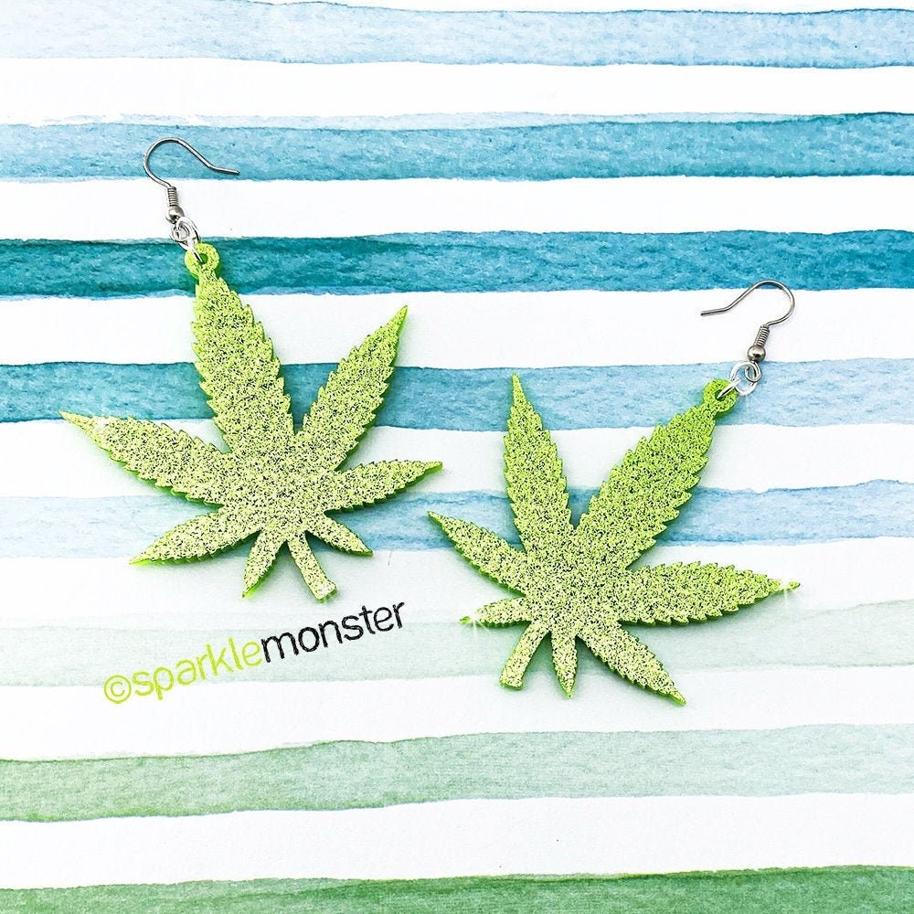Large Pot Leaf Earrings - laser cut acrylic, light green glitter, cannabis, marijuana, dispensary, smoke