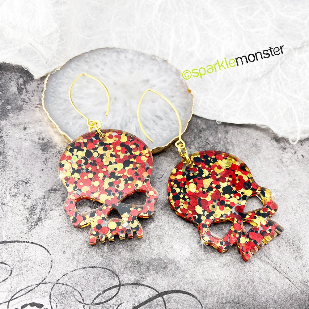 Large Confetti Glitter Skull Earrings - laser cut acrylic, red, black, gold, holographic, dangle, bold, statement earring