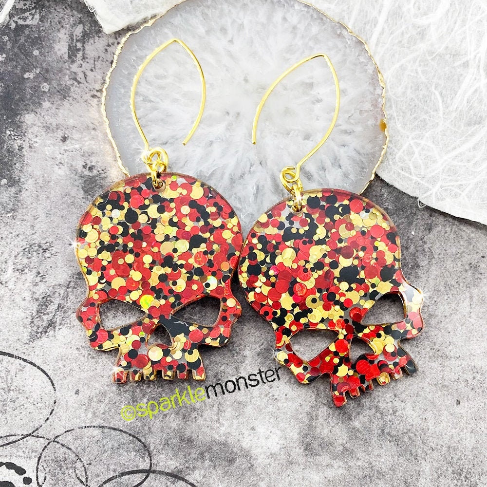 Large Confetti Glitter Skull Earrings - laser cut acrylic, red, black, gold, holographic, dangle, bold, statement earring