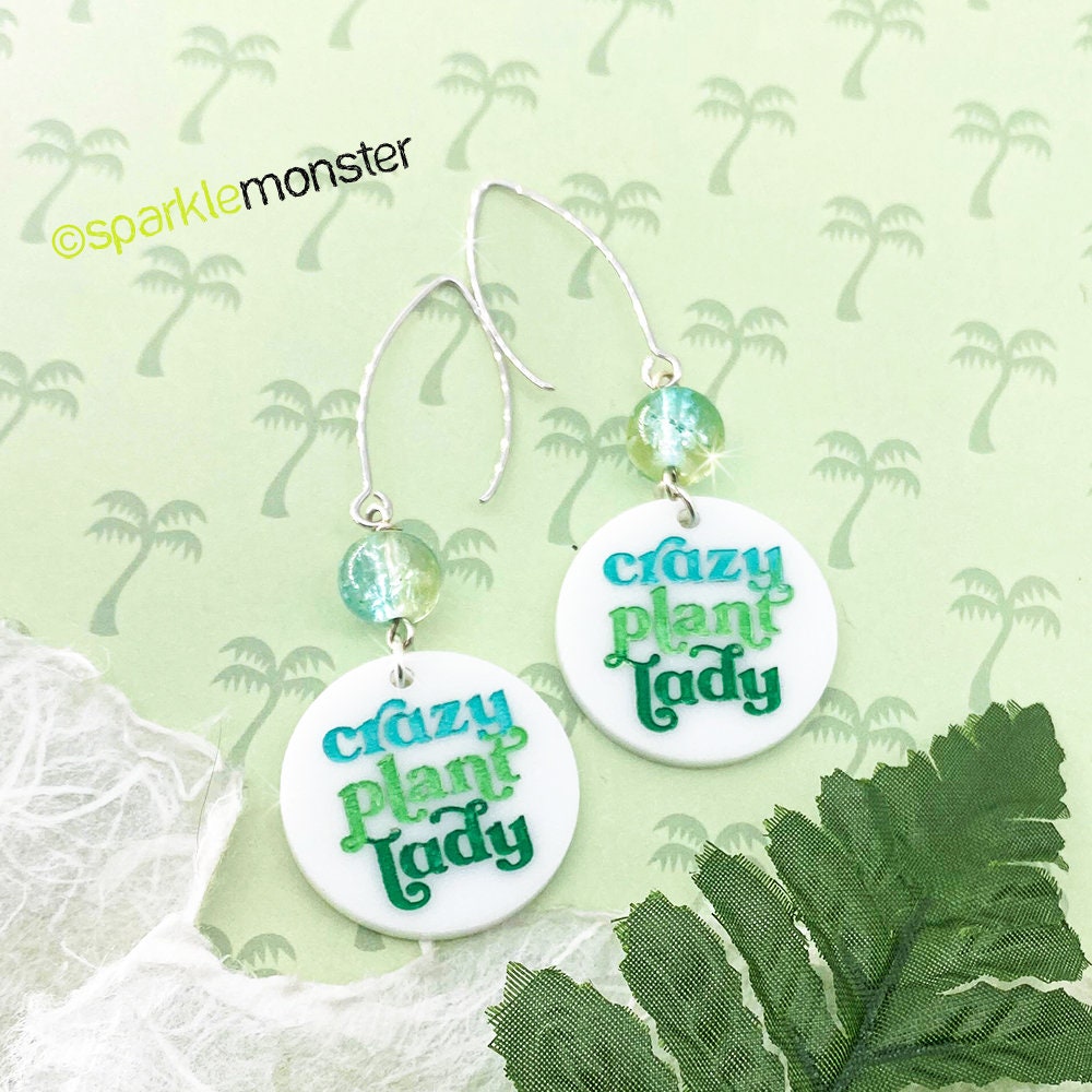 Crazy Plant Lady - dangle earrings with colorful beads, hand painted, laser cut acrylic, green, turquoise, funny