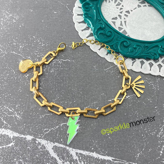 Vintage Links Bracelet, gold toned, repurposed, iridescent lightning bolt, charm bracelet, adjustable