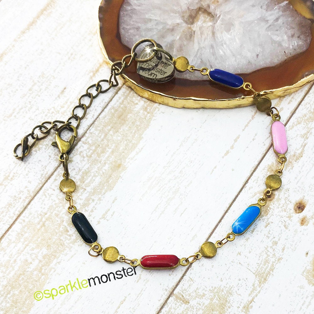 Rainbow Enamel and Bronze Bracelet - bohemian chain, adjustable, boho, chic, hippie, layering