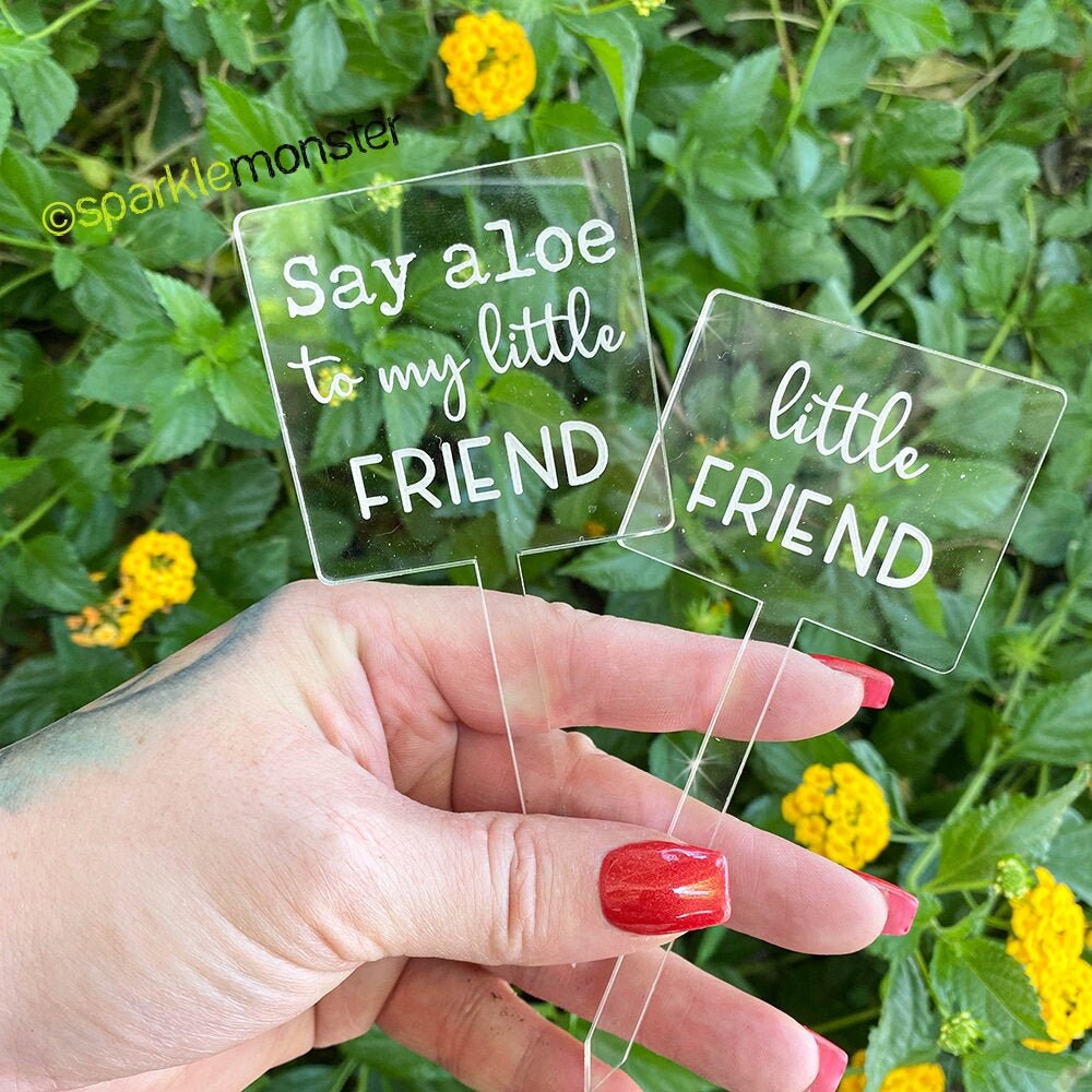 Say Aloe to My Little Friend - plant pick set, clear laser cut acrylic, funny, garden signs, succulents, house plant, cute gift