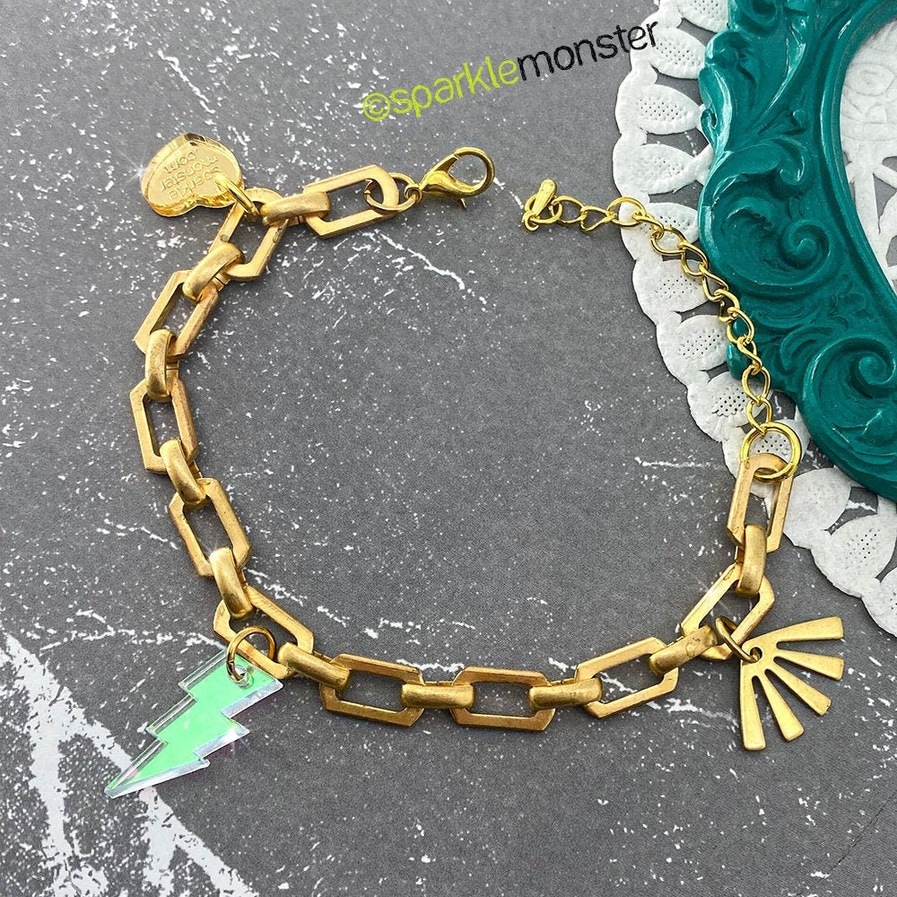 Vintage Links Bracelet, gold toned, repurposed, iridescent lightning bolt, charm bracelet, adjustable