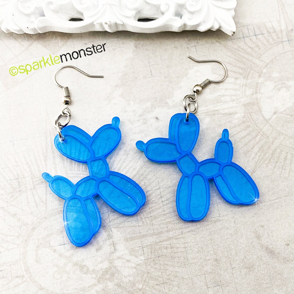 Balloon Dog Earrings, clear blue laser cut acrylic, charms, funny, unique, artsy