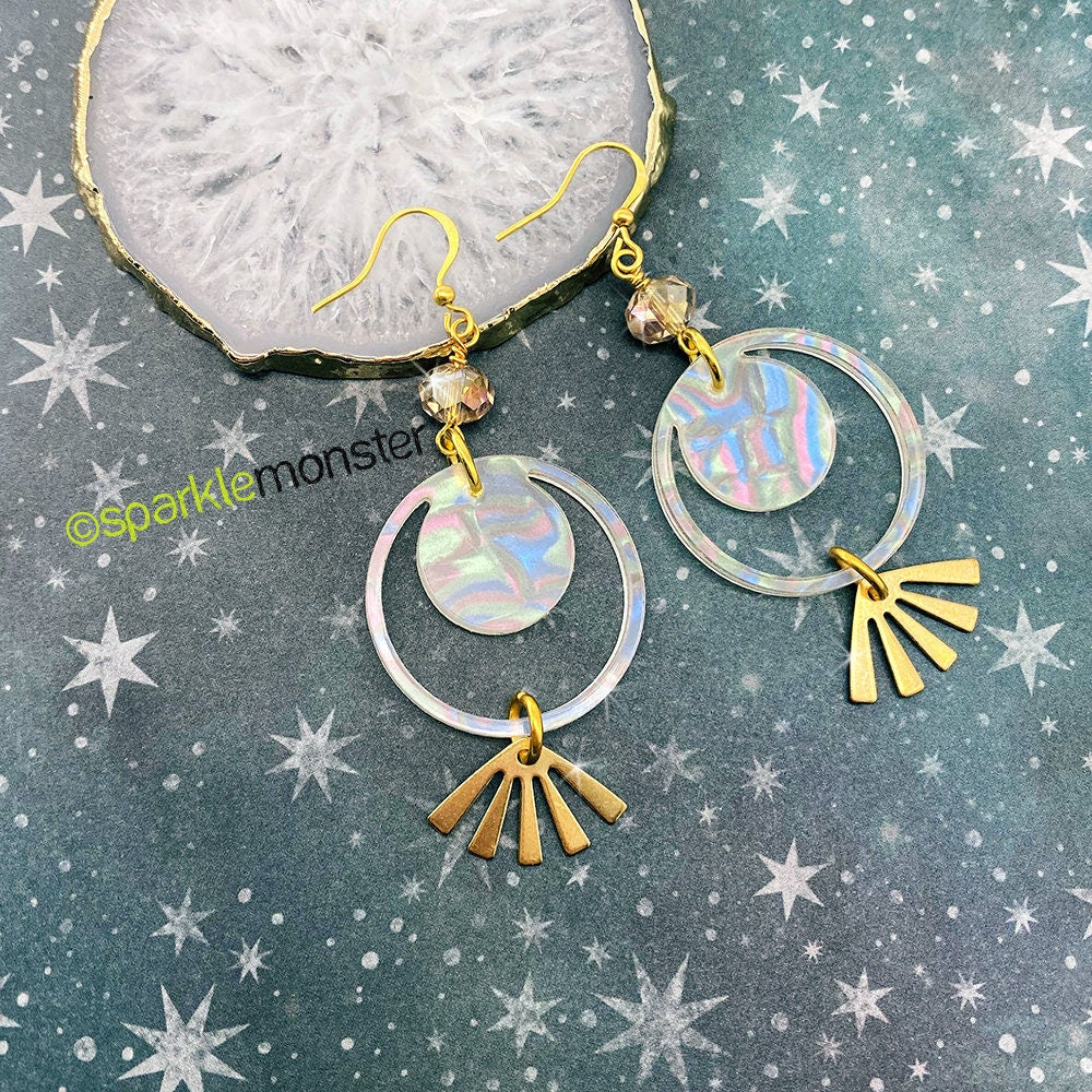SALE Rising Moon Earrings, laser cut acrylic, opal, pearl white