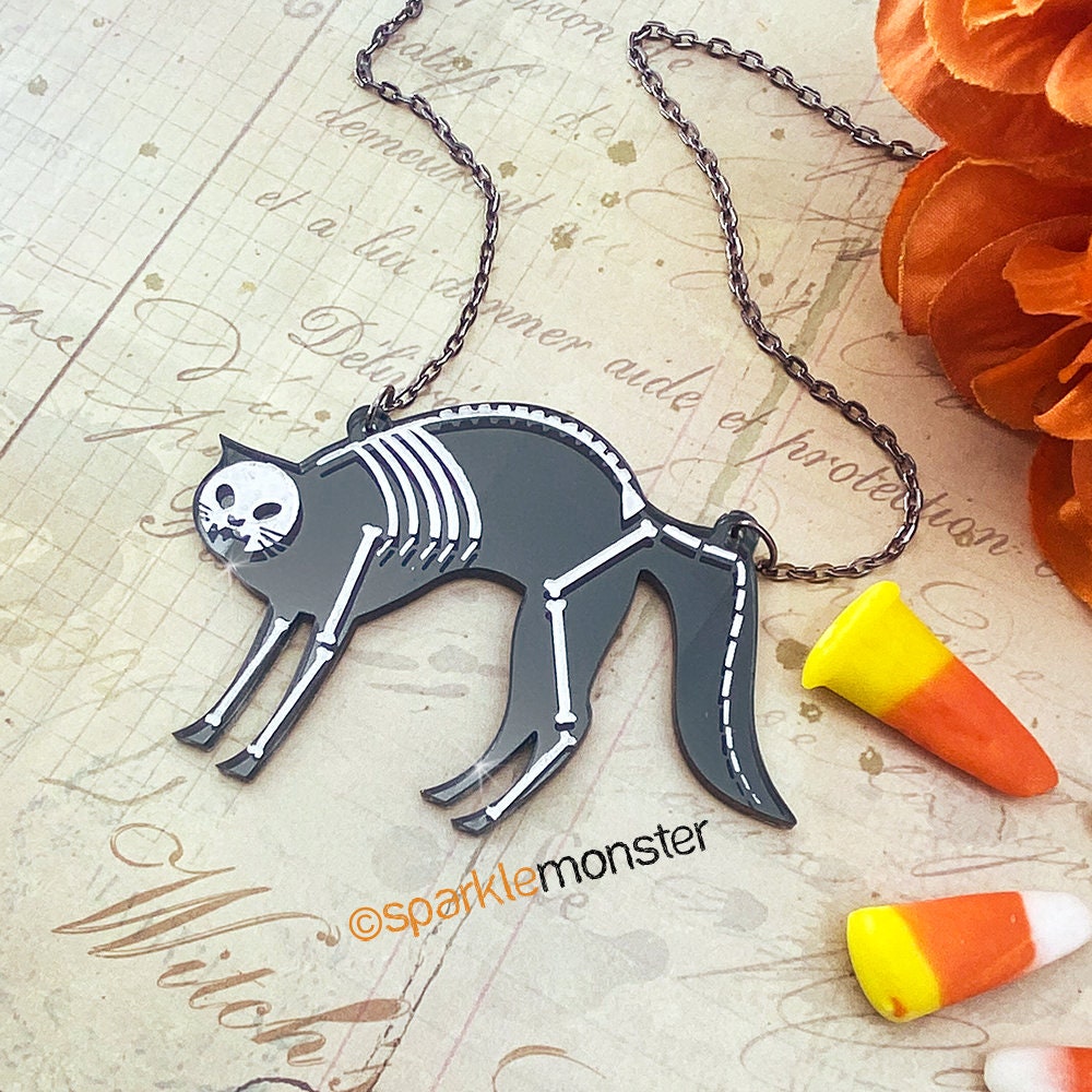 SALE Skeleton Cat Necklace, gunmetal mirror, laser cut acrylic, dark gray, Halloween