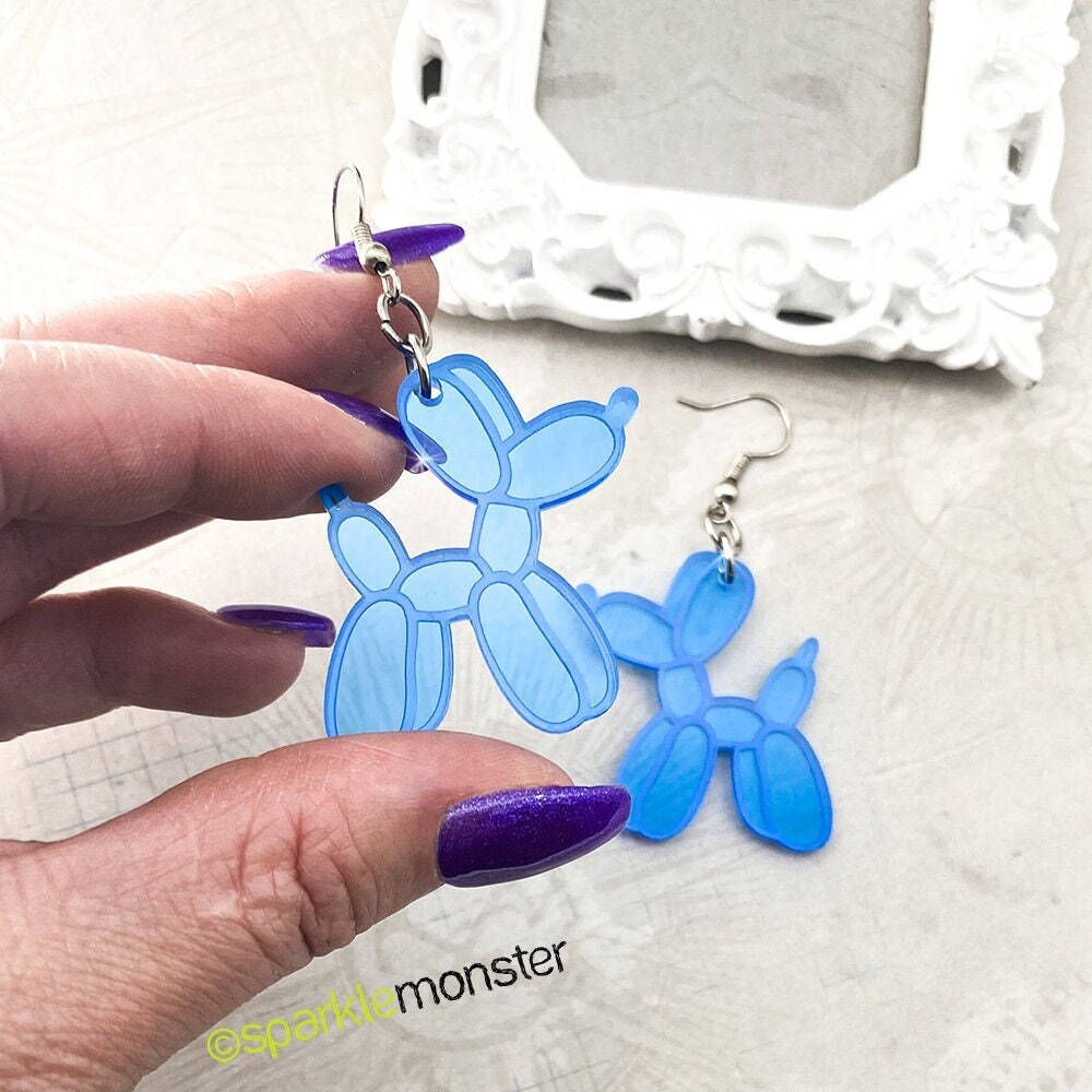 Balloon Dog Earrings, clear blue laser cut acrylic, charms, funny, unique, artsy