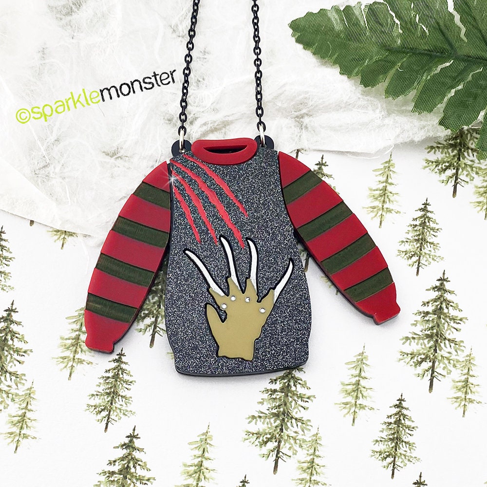 Freddy Sweater Necklace - Large laser cut acrylic pendant, black glitter, holiday, ugly sweater party, horror fanatic
