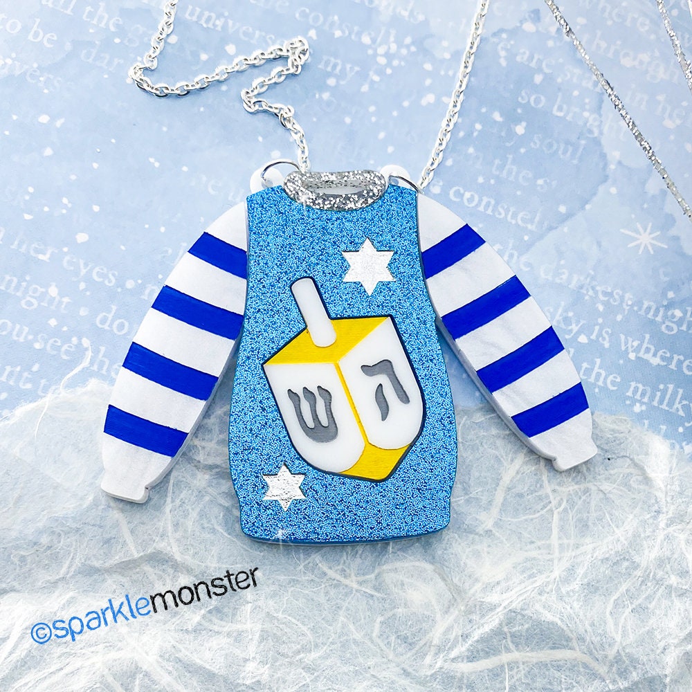Happy Hanukkah Dreidel Sweater Necklace - laser cut acrylic, Chanukah, holiday, cute, ugly sweater party, Jewish, festival of lights