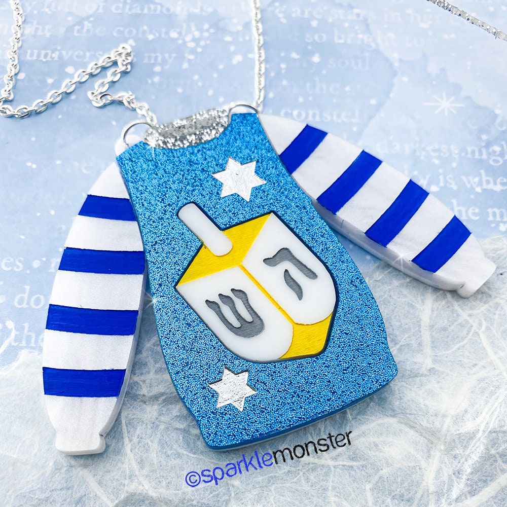 Happy Hanukkah Dreidel Sweater Necklace - laser cut acrylic, Chanukah, holiday, cute, ugly sweater party, Jewish, festival of lights