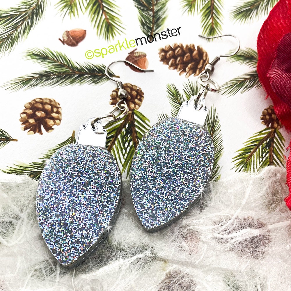 Christmas Light earrings, holographic glitter, laser cut acrylic, charms, vintage style, light bulbs, iridescent