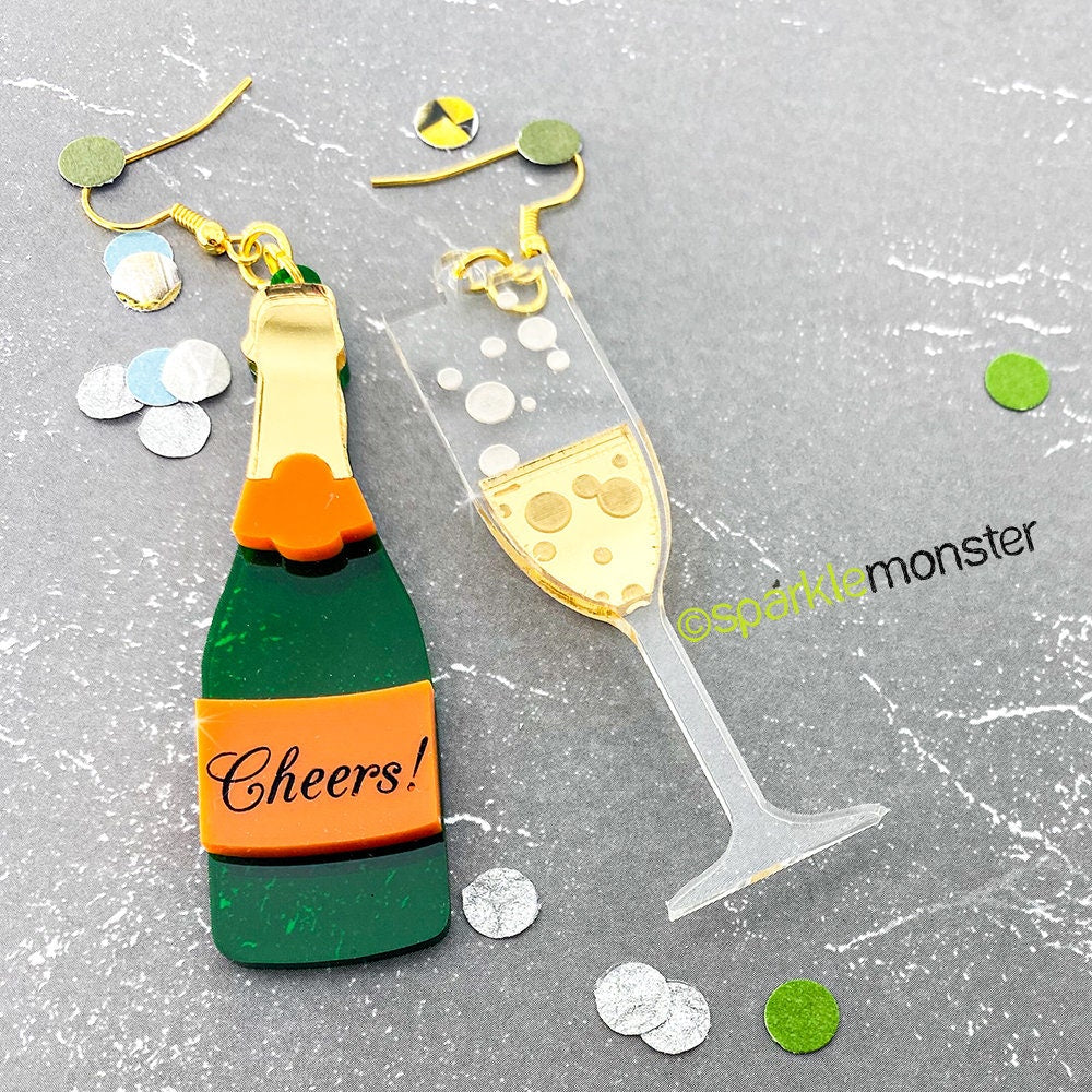 Cheers! Champagne dangle earrings, New Years statement earrings, mirror, laser cut acrylic, NYE party