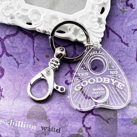 Ouija Planchette - large clear engraved  keychain, silver swivel lobster claw, purse charm, witchy