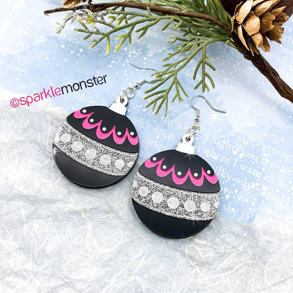 Most Wonderful Time - pink and black, large ornament earrings, silver glitter, laser cut acrylic, charms, vintage inspired, fancy