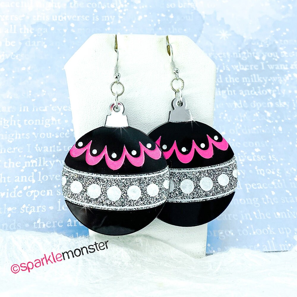 Most Wonderful Time - pink and black, large ornament earrings, silver glitter, laser cut acrylic, charms, vintage inspired, fancy
