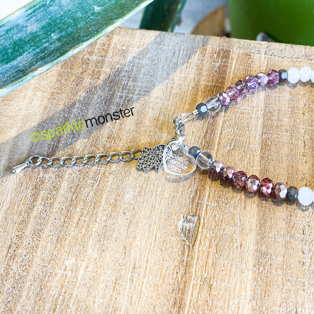 SALE Pink and Gray, adjustable gemstone bracelet, US seller, white crystals, beaded, luxurious, Hamsa Hand, size large