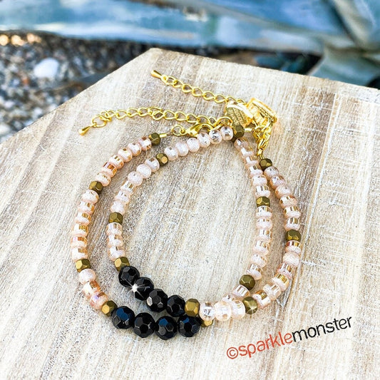 Golden Glamour, adjustable gemstone bracelet, US seller, rose gold, black crystals, beaded, luxurious, chic